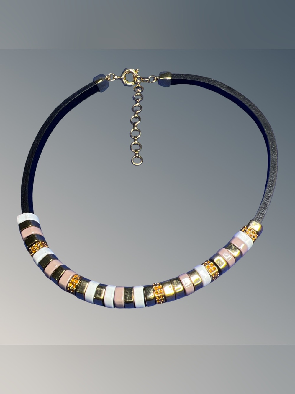 J Crew Black Leather Slider  multi-colored geometric tiles Choker Necklace